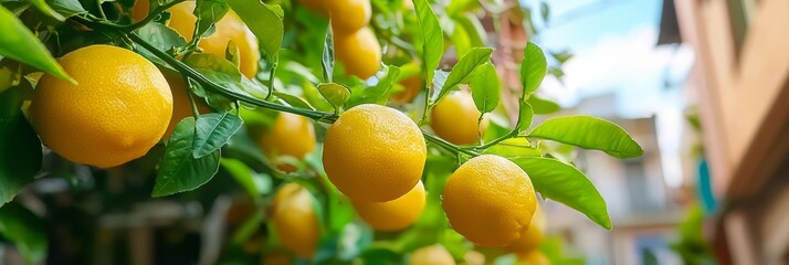  A tree laden with lemons, their yellow hue contrasting against green leaves, under a sunny sky, before a building