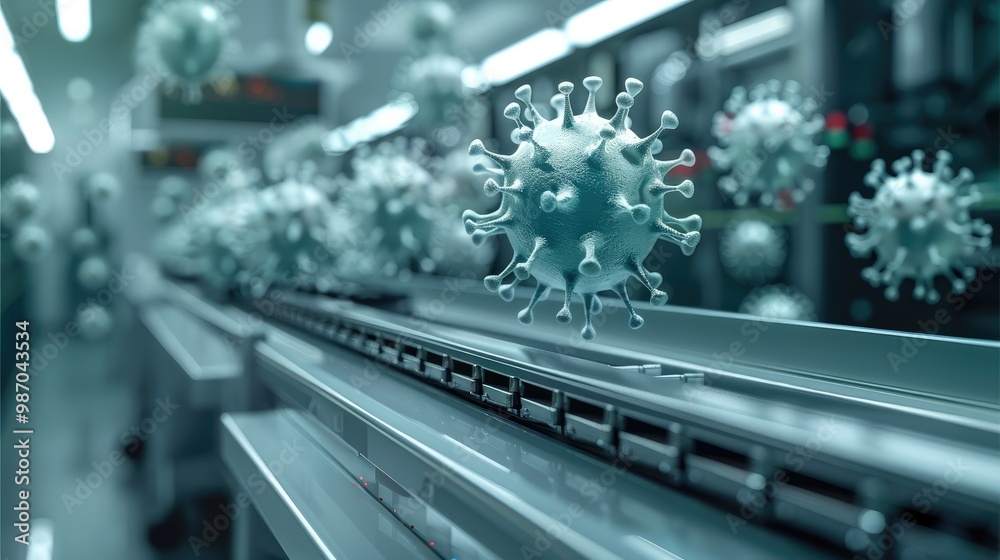 Poster An advanced, futuristic copy machine in a sterile lab setting, producing glowing viral particles instead of paper. The viruses are small, and they are emerging from the machine in rapid succession.
