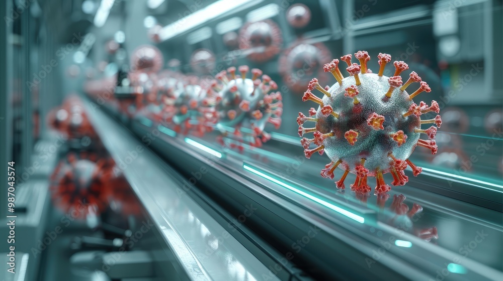 Poster An advanced, futuristic copy machine in a sterile lab setting, producing glowing viral particles instead of paper. The viruses are small, and they are emerging from the machine in rapid succession.