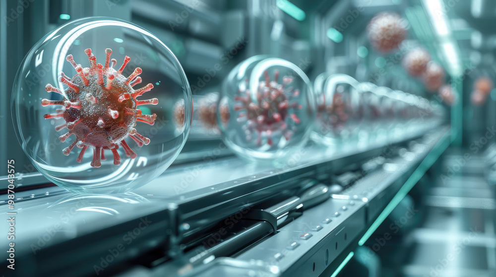 Poster An advanced, futuristic copy machine in a sterile lab setting, producing glowing viral particles instead of paper. The viruses are small, and they are emerging from the machine in rapid succession.