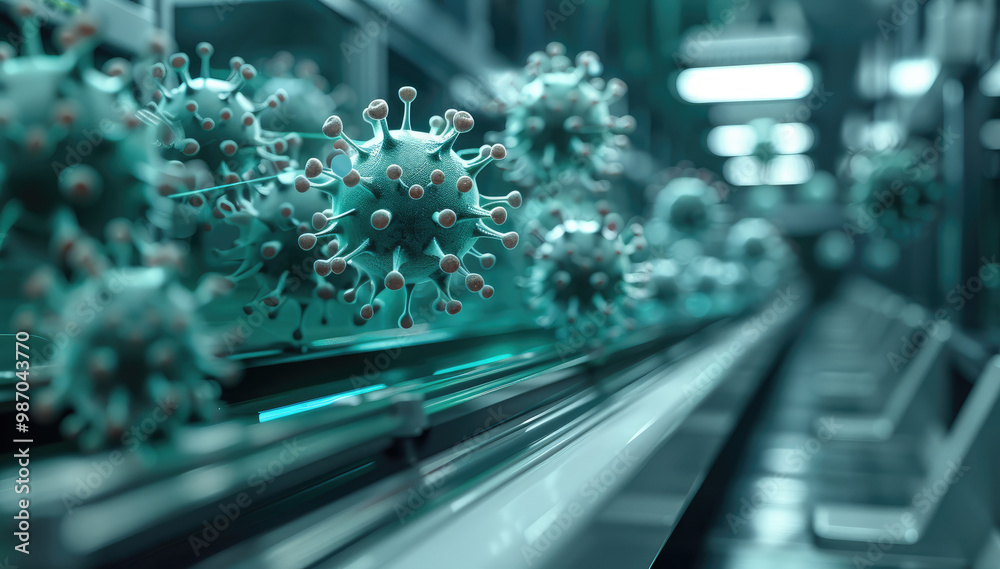 Poster An advanced, futuristic copy machine in a sterile lab setting, producing glowing viral particles instead of paper. The viruses are small, and they are emerging from the machine in rapid succession.