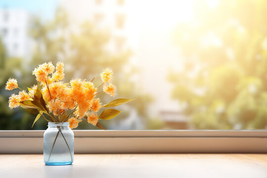 Attractive Window with red flowers in glass vase with view on tropical sea beach