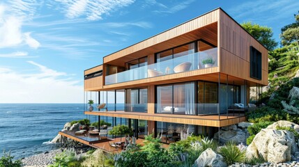 Obraz premium Luxurious Waterfront Villa with Lush Greenery and Modern Architecture