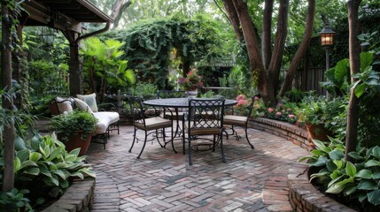 Obraz premium Elegant Outdoor Patio with Umbrella and Comfortable Furniture