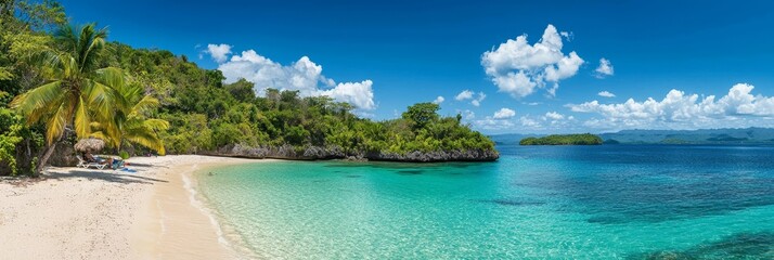  A couple of people sit on a sandy beach next to a lush green forest and a hillside covered in trees