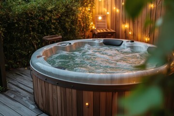 Fototapeta premium Inviting Backyard Hot Tub with Evening Ambience
