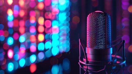 A stylish podcast microphone positioned in front of a digital screen displaying vivid soundwave patterns bringing a lively touch to the audio recording process for podcasters and sound enthusiasts