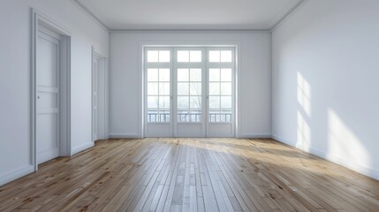 Fototapeta premium Bright Spacious Room with Large Windows and Hardwood Floors