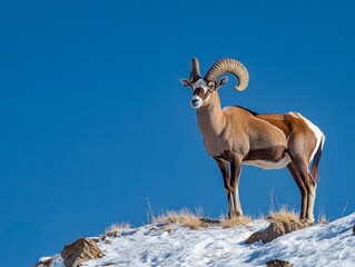 A ram standing on top of a snow covered hillside