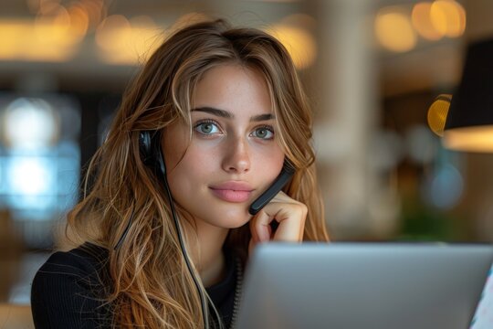 Young Woman with Headset Working on Laptop in Modern Office