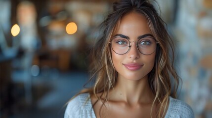 Obraz premium Beautiful Young Woman with Glasses in Cozy Cafe Setting