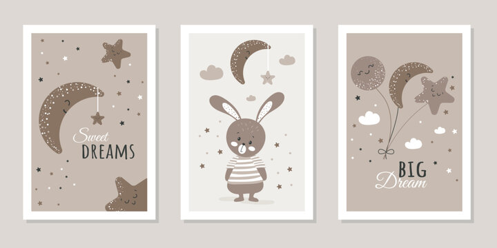 Fototapeta A set of children's postcards or posters for the children's room. Hand-drawn funny rabbit, clouds, stars, moon and inscriptions. Vector illustrations for postcards, posters and more.