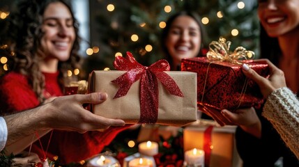 Cheerful moment of friends exchanging beautifully wrapped gifts during a festive holiday celebration with Christmas lights.