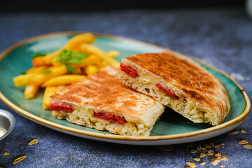 Hot toasted sandwich fresh from the plate grill. Breakfast stock photo.