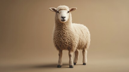 Fototapeta premium A white sheep standing on a brown background, looking directly at the camera.