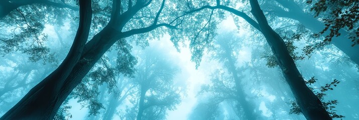Naklejka premium A forest teeming with numerous trees, their crowns draped in abundant green foliage, set against a backdrop of fog-shrouded woods and trees