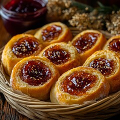 A basket filled with lots of bread rolls covered in jam