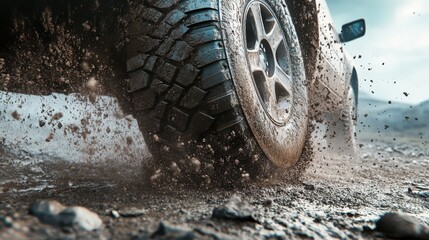 Close-up of a rugged off-road vehicle tire kicking up dirt on a muddy terrain, showcasing the strength and durability of the tire in action.