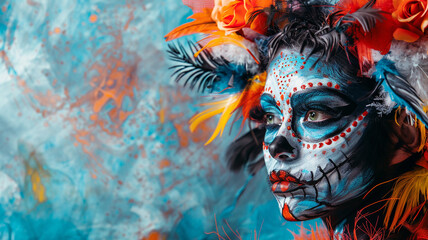 Vibrant face paint and colorful flowers create striking Halloween look