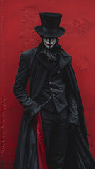 Mysterious figure in black costume with top hat against red background
