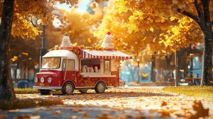 Ice cream truck in autumn foliage scene