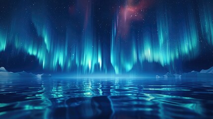 Northern Lights, sapphire color, glowing streaks in the night sky, water reflection, starry sky background.