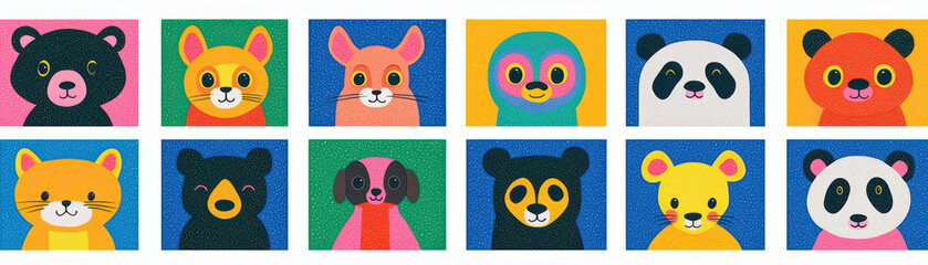 Fototapeta premium Colorful animal illustrations featuring bear, fox, rabbit, owl, panda, dog, cat, raccoon, and mouse in a playful, vibrant style.