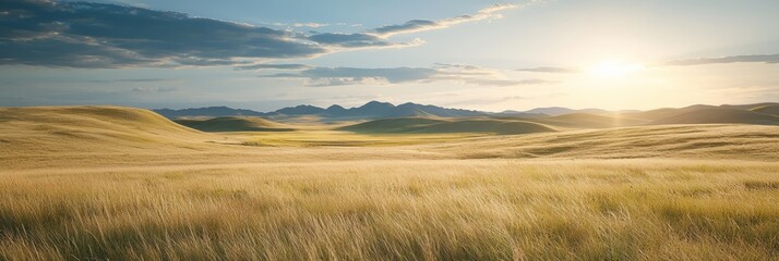 Obraz premium The sun illuminates the cloud-scattered sky, casting light upon a field of towering grasses in the foreground Mountains loom in the background