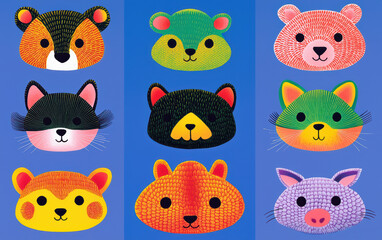 Obraz premium Colorful illustrated animal faces showcasing playful designs on a vibrant blue background, perfect for children's art and playful themes.