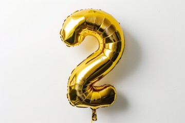 Golden Balloon in the Shape of Number Two on White Background