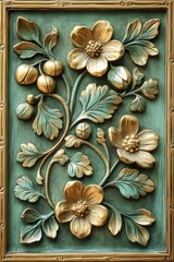 Golden Floral Ornament on Vintage Green Door Panel