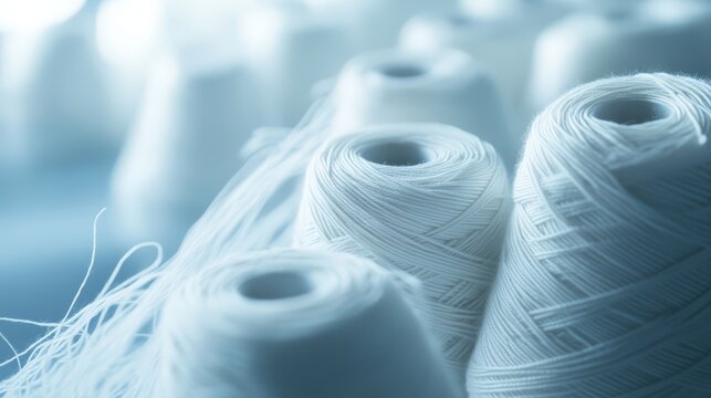 Close-up of white threads spools on a blue background, highlighting textile materials and yarn manufacturing.