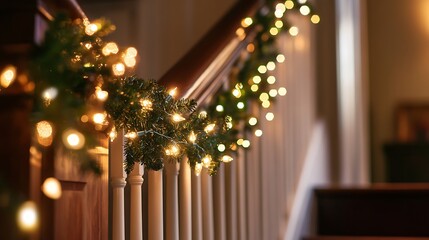 Sparkling Christmas Garland on Staircase Railings