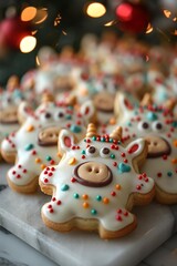 Obraz premium Festive Reindeer Cookies on Marble Background with Christmas Lights