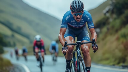 Competitive cyclists race on a hilly road, showcasing intense effort and determination in a scenic outdoor setting.