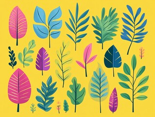 Vibrant leaf illustrations on yellow background