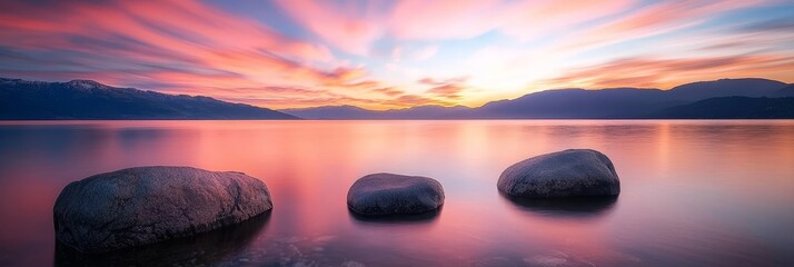  Two large rocks situated in the midst of a water body, with the sun setting in the distance
