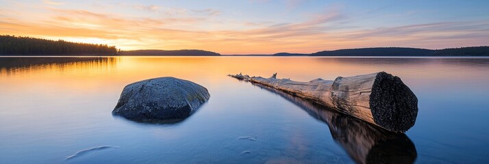  Two large rocks atop a lake, one bearing a sizable log in its mid-water depths