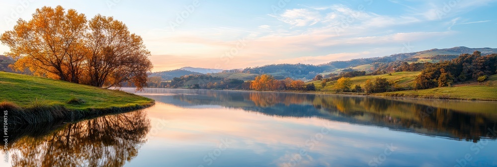 Wall mural  A large body of water is surrounded by a lush green hillside on both sides