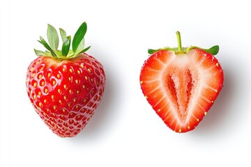 Strawberry isolated. Strawberry isolate. Whole, half, cut strawberry on white. Strawberry isolate. With clipping paths, ai