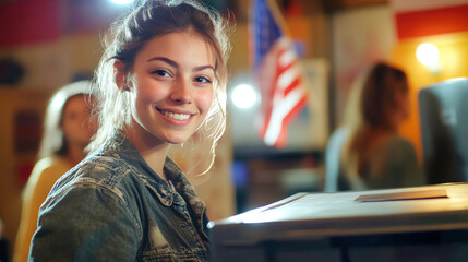 A cheerful woman engages in the voting process at a bustling American polling station, with flags and fellow citizens in the background