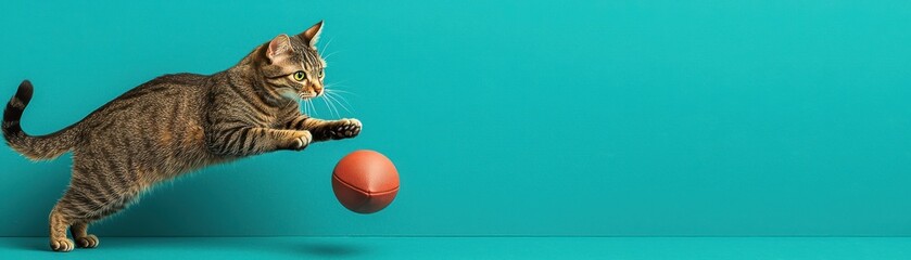 Obraz premium A playful cat leaps towards a colorful ball against a vibrant teal background, capturing a moment of feline energy and fun.