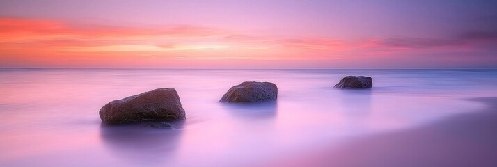  A collection of rocks atop a sandy beach, facing a sunset-illuminated body of water