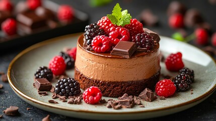 A chocolate dessert with raspberries and chocolate on a plate