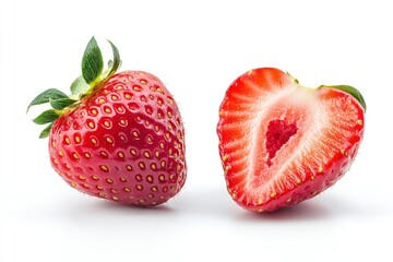 Strawberry isolated. Strawberry isolate. Whole, half, cut strawberry on white. Strawberry isolate. With clipping paths, ai