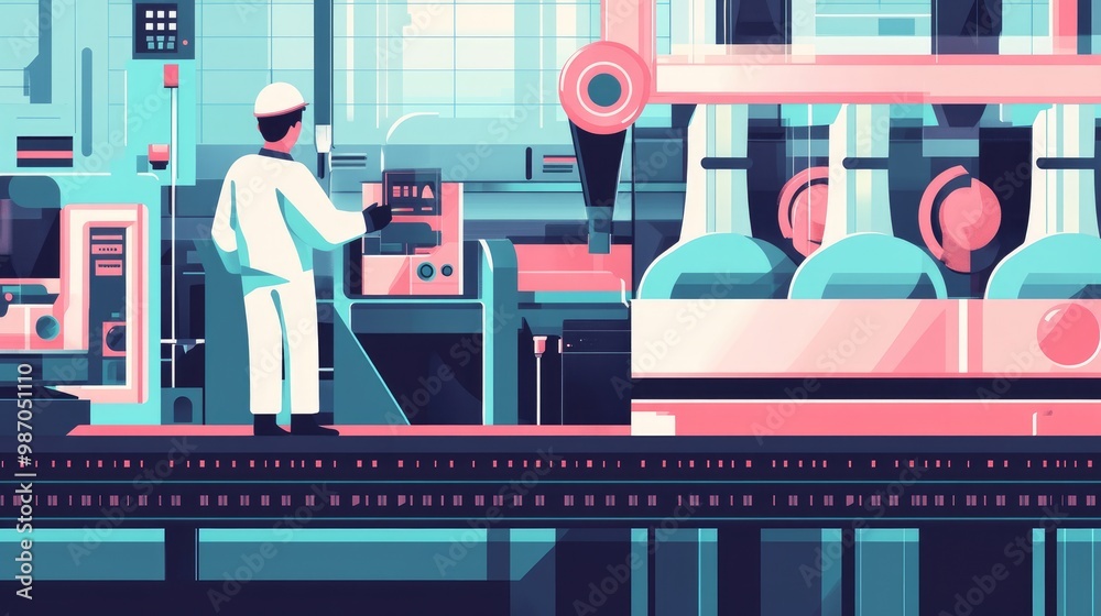 Poster a worker supervising an automated production line, shown in flat design with a 3d render and a tetra