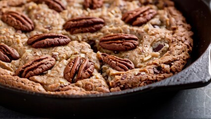 Chocolate-nut cookies in a pan with pecans.