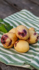 organic potatoes close up on striped tablecloth selective focus