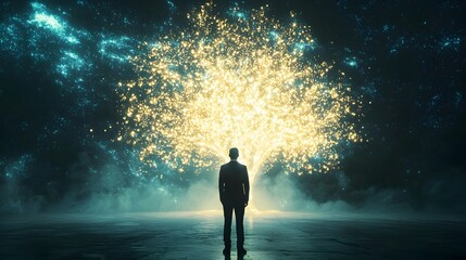 Businessman Stands Before Glowing Idea Tree,Representing Business Growth and Innovation