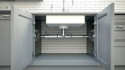 A contemporary kitchen sink is on display with open cabinet doors revealing shiny pipes and precise under-cabinet measurements, all in a chic gray palette